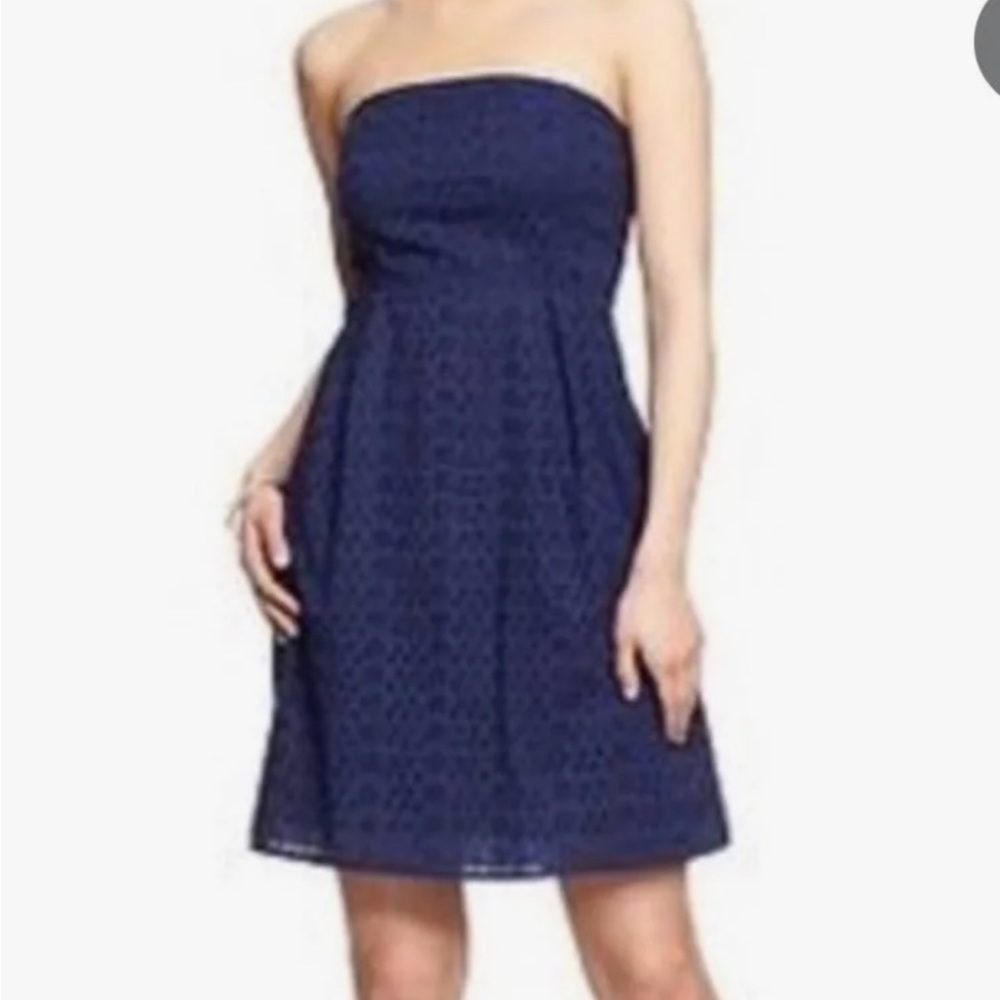 Old Navy navy blue strapless cotton eyelet dress.